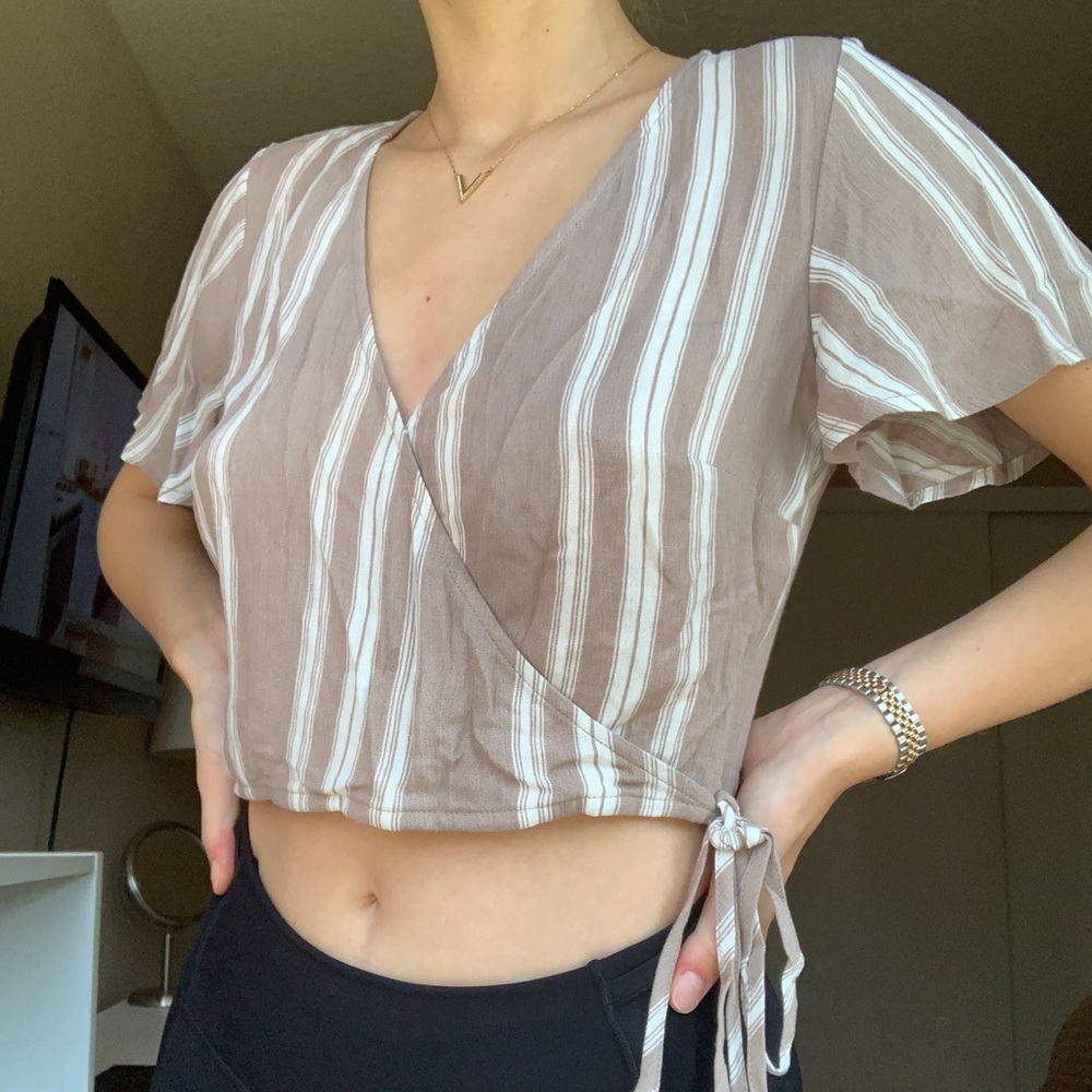 PACSUN Striped Tan & White Cropped Blouse